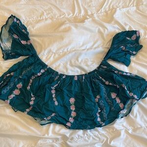 Kahulale’a XL Teal Floral Off-Shoulder Crop Top with Pink Roses